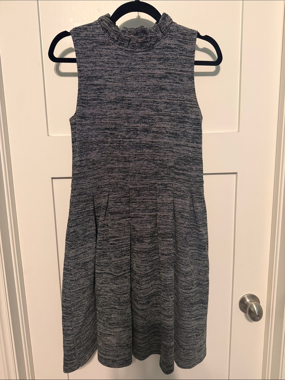 Ganni for Anthropologie Sleeveless Heathered Cotton Blend Navy-Gray Knit Dress